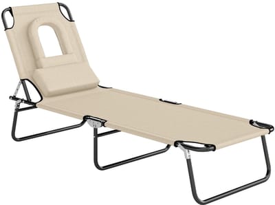 Relaxstoel - Strandstoel - Ligstoel - Ligbed met leesgat - Opvouwbaar - Waterafstotend - Metaal - Met kussen - Tuin - 187cm - 1 stuk - Beige