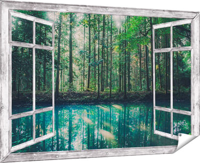 Gards Tuinposter Doorkijk Bos bij een Groen Meer - 180x120 cm - Tuindoek - Tuindecoratie - Wanddecoratie buiten - Tuinschilderij