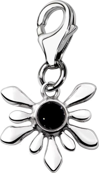 Quiges – 925 - Zilver – Charm - Bedel - Hanger - Bloem met Zwarte Steen - met – sterling - zilver - karabijnslot - geschikt - voor -Bedelarmband HC008
