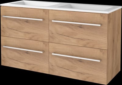 Basic Start 46 badmeubelset met wastafelonderkast met grepen, 4 lades en acryl wastafel zonder kraangaten 120 x 46 cm, whisky oak