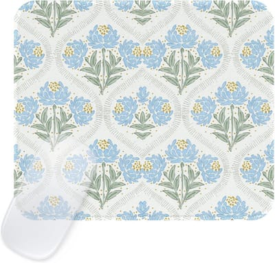 Retro Bloemen Muismat met Stitched Rand, Waterdichte en Antislip Ondergrond voor Thuis en Kantoor, Aesthetic en Boho Design in Wit-Blauw