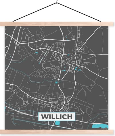 Posterhanger incl. Poster 120x120 cm - Schoolplaat - Stadskaart – Plattegrond – Duitsland – Blauw – Willich – Kaart - Textielposter - Blanke latten - Stadskaart