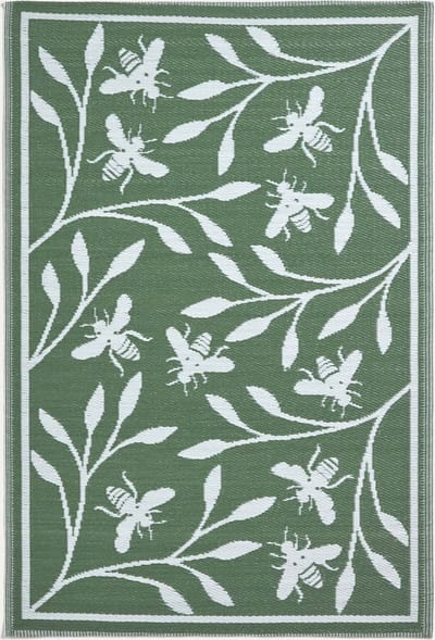 Homescapes Groen buitentapijt in bloemenbijenmotief, 182 x 122 cm