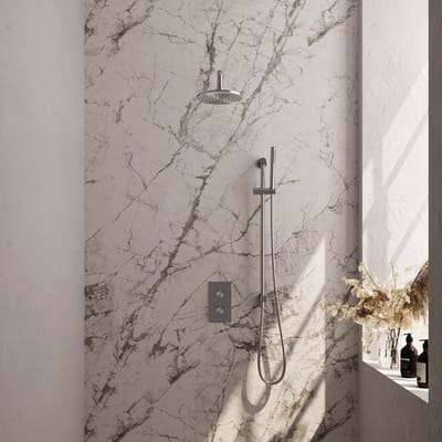 Brauer Brushed Edition thermostatische inbouw regendouche 3-weg omstelling SET 39 met 20 cm douchekop en gebogen muurarm en staaf handdouche en doucheslang en geïntegreerde glijstang RVS geborsteld PVD