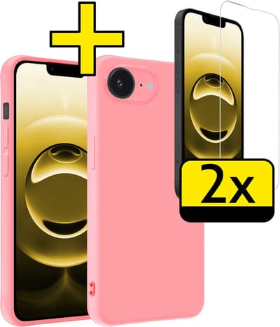 Hoesje - Met 2x Screenprotector - Geschikt voor Apple iPhone 16e - Sterk & Shockproof - Back Cover - Siliconen Case - Telefoon Hoes - Telefoonhoesjes - Lichtroze
