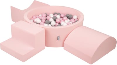 KiddyMoon schuimspeelplaats met rond ballenbad (200 ballen) ballenbakken voor baby's speelbad hindernisbanen, made in the eu, roze:wit/grijs/poederroze