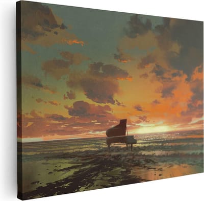 Artaza Canvas Schilderij Zeezicht Piano - 40x30 cm - Klein - Wanddecoratie Zonsondergang - Muurdecoratie Strand - Kamer Accessoires