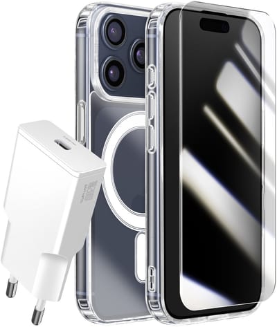 4smarts, Hoes Geschikt voor Apple iPhone 17 Pro Starter Premium Pack 3-in-1 met USB-C Oplader 20W, Transparant