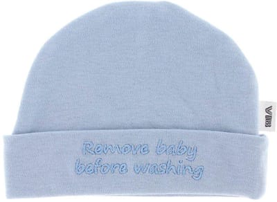 VIB® - Muts 'Remove baby before washing' dusty blue (0-3 m) - Babykleertjes - baby muts - baby muts newborn - baby mutsje - baby cadeau - kraam cadeau - baby aankodiging
