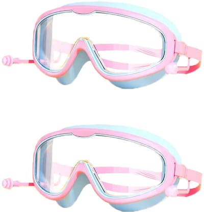 2-stuks Zwembril voor kinderen met groot frame - Waterdicht en condensvrij - HD-zwembril voor kinderen - Voor kinderen van 3 tot 16 jaar - Geïntegreerde oordopjes - Unisex - Geschikt om mee te zwemmen - Blauw, roze