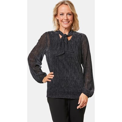 Blouse met striksjaal van glanzend plissé - grijs / zwart - Gr. 38 van Goldner Fashion