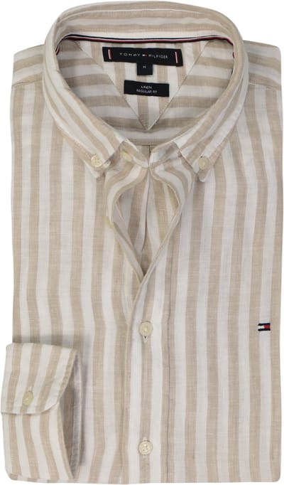 Tommy Hilfiger Linen Essential Regular Fit Shirt - structuur - beige met wit gestreept - Strijkvriendelijk - Boordmaat: 45 - 46
