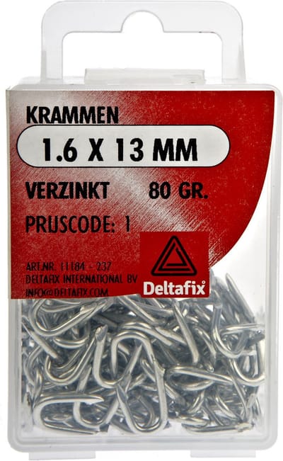 Krammen. Verzinkt. 1.6 x 13 mm. lang. 80 gram. Deltafix.