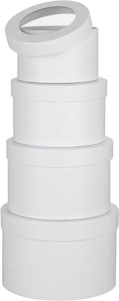 Set van 4 Ronde Cadeauboxen met Duidelijke Deksel, Wit, Voor Bloemen, Geschenken en Hoedjes, Diverse Maten, Karton Nesting Boxen