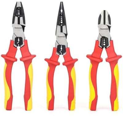 Set van 3 VDE geïsoleerde tangen - 1000 V - Universeltang, Langtang en Kniptang met antisliprubber handvat