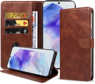 Geschikt voor Samsung Galaxy A55 Telefoonhoesje Kunstleer met Magnetisch lipje en Pasjeshouder Book Case met Klepje - Donkerbruin - Smartphonica geschikt voor Samsung Galaxy A55