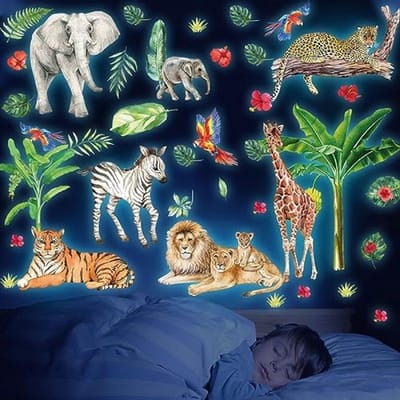 Lichtgevende Safari Dieren Muurstickers Set - 4 Stuks Glow in the Dark Kinderkamer Decoratie met Olifant, Giraf, Leeuw en Zebra - Zelfklevend, Verwijderbaar en Herbruikbaar