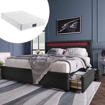 KOMHTOM Tweepersoonsbed 140x200cm Bed met 4 laden in hoogte verstelbaar hoofdeinde met LED-verlichting Zwart Met matras