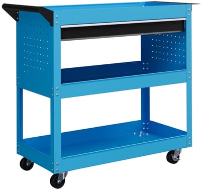 Gereedschapswagen ROLIPO - Werkplaatswagen - Gereedschapstrolley - Gereedschapskar met lade en zijpaneel - 3 etages - 4 wielen met 2 remmen - met handgreep - metaal - blauw - 82 x 35 x 76 cm - draagvermogen 60 kg