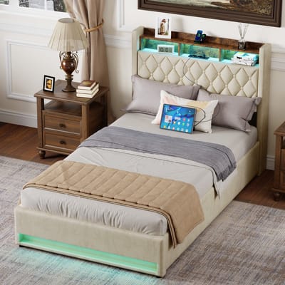 REDOM Luxe Polsterbed – Tweepersoons Bed 140x200 – Ergonomisch Hoofdbord en Stevige Lattenbodem – Comfortabel Slaapcomfort voor Slaapkamer en Hotel – Fluweel Bekleding – Beige