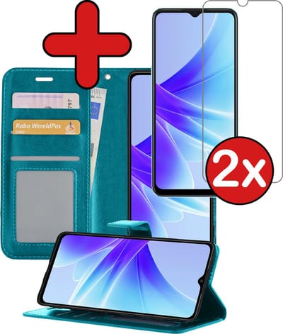 Hoesje - Met 2x Screenprotector - Geschikt voor OPPO A17 - Luxe Pasjeshouder - Flip Case - Bookcase Portemonee - Kunstleer Book Case - Flipcase Hoes - Book Cover - Walletcase - Portemonneehoes - Telefoonhoes - Turquoise
