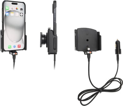 Brodit houder geschikt voor Apple iPhone 15 Plus / 15 Pro MAX , Actieve verstelbare houder met 12V USB SIG-Plug 70-83mm
