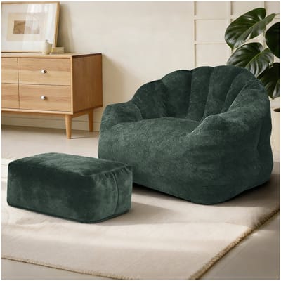 MIVRAY Fauteuil Met Ottoman 1-Zits - Bloemvormige Rugleuning En Zachte Zit - Voor Woonkamer Of Slaapkamer - Flanel Groen