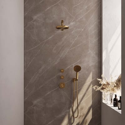 Brauer Gold Carving thermostatische inbouw regendouche SET 07 met 20 cm douchekop en rechte muurarm en 3-standen handdouche en doucheslang en wandaansluitbocht goud geborsteld PVD