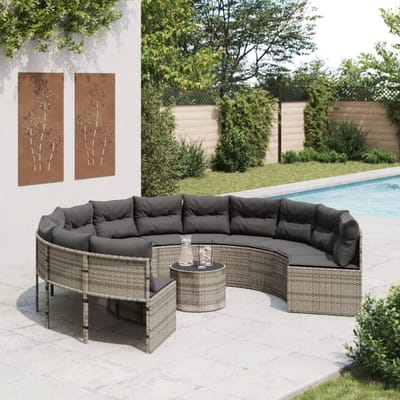 vidaXL - Tuinbank - met - tafel - en - kussens - rond - poly - rattan - grijs