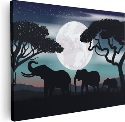 Artaza Canvas Schilderij Olifanten Afrika - 40x30 cm - Klein - Wanddecoratie Dieren - Muurdecoratie Woonkamer - Kamer Accessoires Nacht