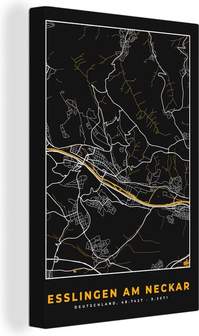 Canvas Schilderij Stadskaart – Plattegrond – Duitsland – Goud – Esslingen am Neckar – Kaart - 20x30 cm - Wanddecoratie