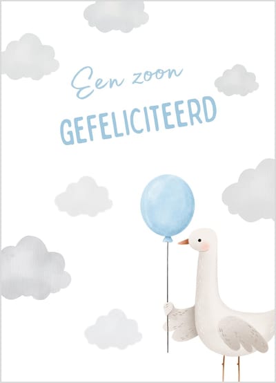 Wenskaart een zoon gefeliciteerd gans blauwe ballon – 10x15 cm – stevige kaart 400 grams – inclusief kraft envelop – geboortekaart jongen