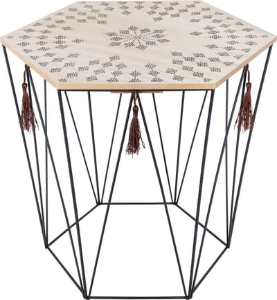 Atmosphera Bijzettafel Kumi Etnik draadmand 8 hoekig met flosjes - zwart - salontafel - D. 43 x H. 40 cm