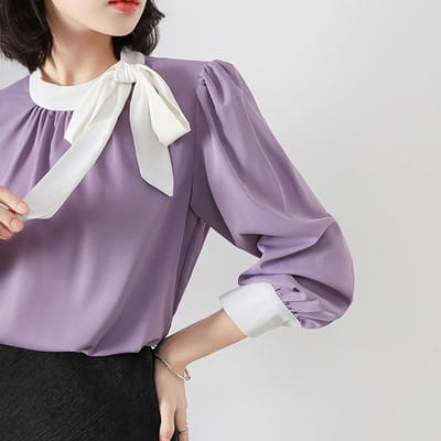 High-end Kleurafstemming High-end Strik Chiffon Blouse Dames Lente Design Temperament Top met Lange Mouwen L lavendel
