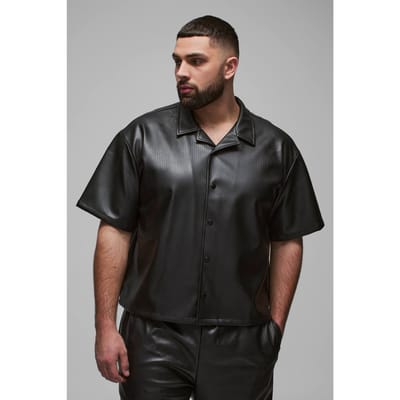 Plus Geplooide PU Boxy Oversized Shirt | Black | Size 2XL