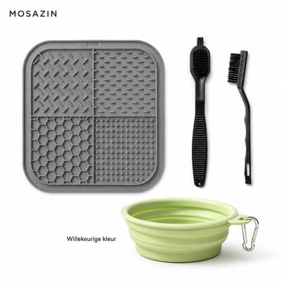 MOSAZIN Likmat Hond Set - Slow Feeder met Zuignappen - Inclusief Borstels en Opvouwbare Hondenbak - Grijs
