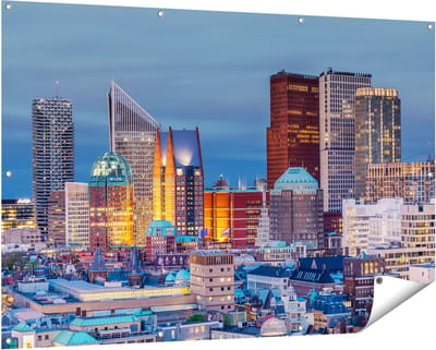 Gards Tuinposter Den Haag Skyline met Wolkenkrabbers - 150x100 cm - Tuindoek - Tuindecoratie - Wanddecoratie buiten - Tuinschilderij