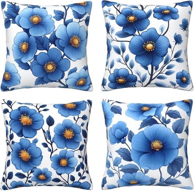 Kussenhoezen, 65 x 65 cm, blauwe bloemen, 4 stuks, vierkant, fluweel, zacht en ademend, decoratieve kussenhoes met verborgen ritssluiting, voor slaapkamer en woonkamer, bank, E8138