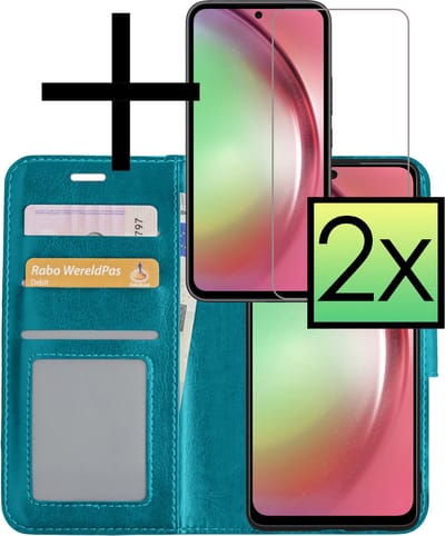Hoesje - Met 2x Screenprotector - Geschikt voor Samsung Galaxy A54 - Luxe Pasjeshouder - Bookcase Portemonee - Flip Case - Kunstleer Book Case - Flipcase Hoes - Book Cover - Walletcase - Portemonneehoes - Turquoise