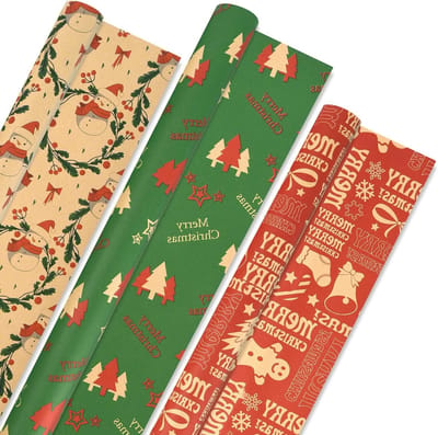 Jumbo Kerst Inpakpapier Set van 3 Rollen - 58×555 Inch, Duurzaam Groen Rood Sneeuwman Kraft voor Cadeaus en Feestdecoratie - 125.4 vierkante voet