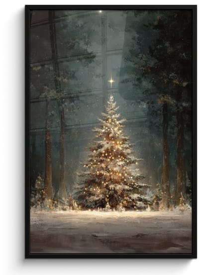 Poster in lijst - Fotolijst 80x120 cm - Posters - Kerstboom - Bos - Sneeuw - meerkleurig - Posterlijst zwart - Decoratie - Wanddecoratie woonkamer - Muurdecoratie slaapkamer - Kerstversiering - Kerstdecoratie voor binnen - Kerstmis