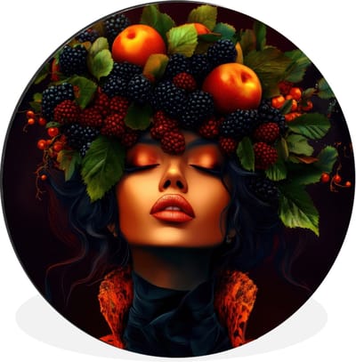 WallCircle - Wandcirkel - Muurcirkel - Vrouw - Zwart - Bessen - Bramen - Appels - Aluminium - Dibond - 140x140 cm - Binnen en Buiten