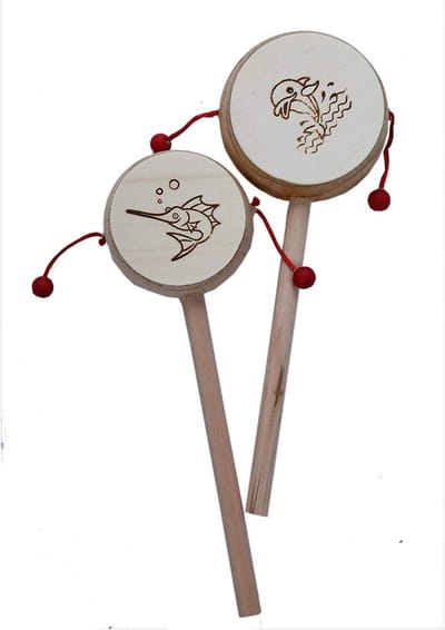 Houten Spin Drum Rammelaar - Muziek Speelgoed - Muziek Leren - Gegraveerd Dier Ontwerp - Set van 2