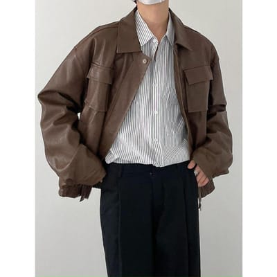 Automne et Hiver Style Coréen Rétro PU Veste en Cuir Style Motard Ample à Revers pour Homme XXL gray