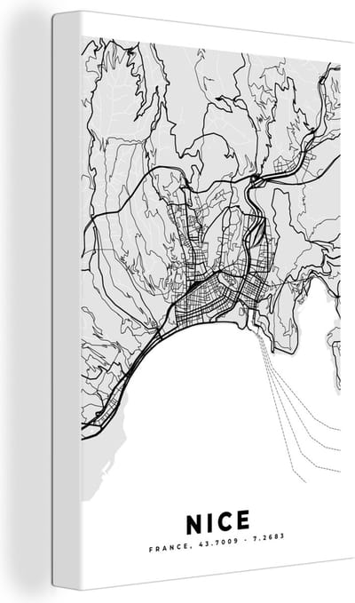 Canvas Schilderij Kaart - Frankrijk - Stadskaart - Plattegrond - Nice - 20x30 cm - Wanddecoratie