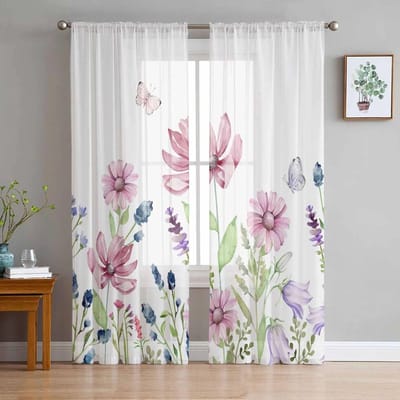 Planten Bloemen Planten Zomer Vlinders Tule Voile Gordijnen voor Slaapkamer Woonkamer Raamgordijn Transparante Organza Draperieën 135W x 114H(cm) white