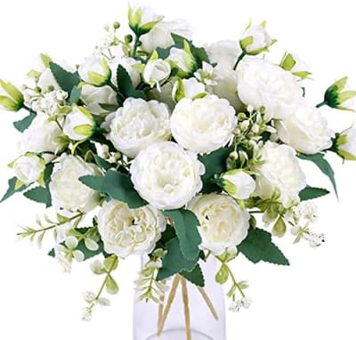 PromoHome 4 Bossen Kunstmatige Pioenrozen Boeket Witte Zijden Bloemen voor Bruiloft Tafel Decoratie Huis Keuken Bloemstuk