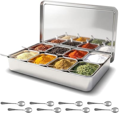 Daity Roestvrijstalen kruidenpot – opbergset met 4 vakken (inclusief deksel en lepel) – geschikt voor het ordenen van ingrediënten, specerijen en kruiden.