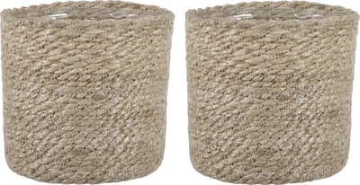 Mica Decorations Plantenpot - 2x stuks - rotan - bruin - plantenmand - H14xD14cm - naturel mand van gedraaid jute/riet - plastic binnenkant