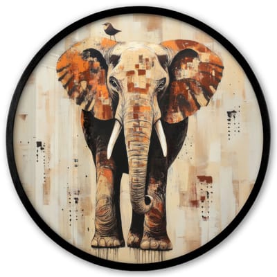 Poster in lijst Rond - Fotolijst 40x40 cm - Posters - Olifant - Slurf - Mozaïek - Abstract - Ronde posterlijst zwart - Decoratie - Wanddecoratie woonkamer - Muurdecoratie slaapkamer